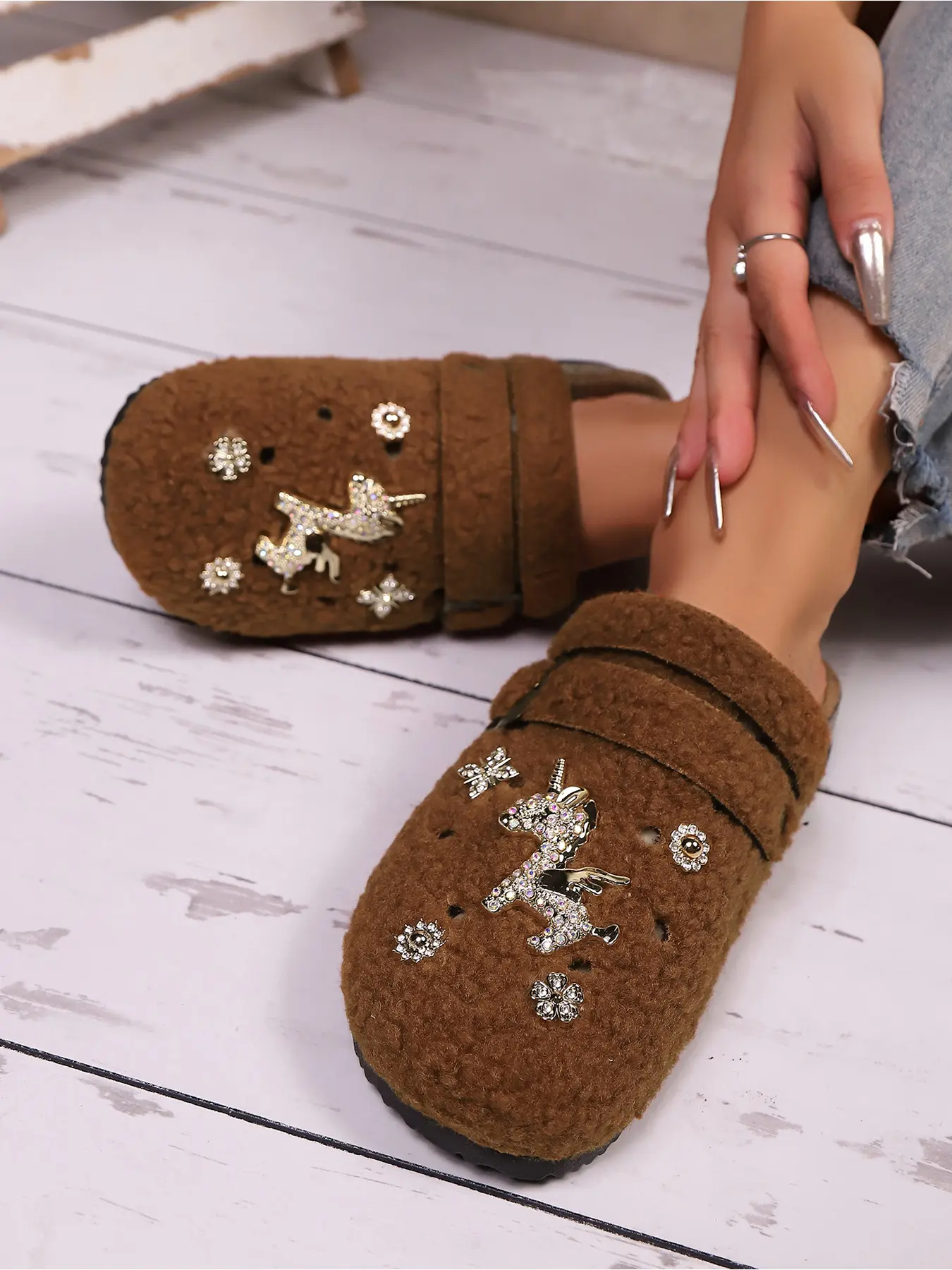 Fluffy Teddy Fleece Slip On Clogs For Women, Crystal Rhinestone Unicorn Decor Backless Mules, Cozy Indoor Outdoor Warm Slippers