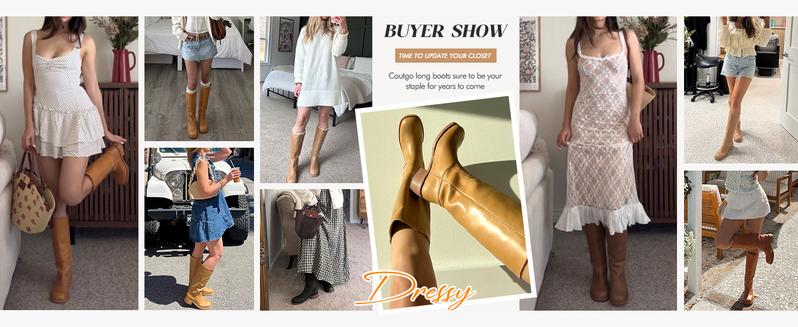 Coutgo Women's Knee High Boots Square Toe Chunky Block Heel Tall Boots Comfortable Low Heel Shoes