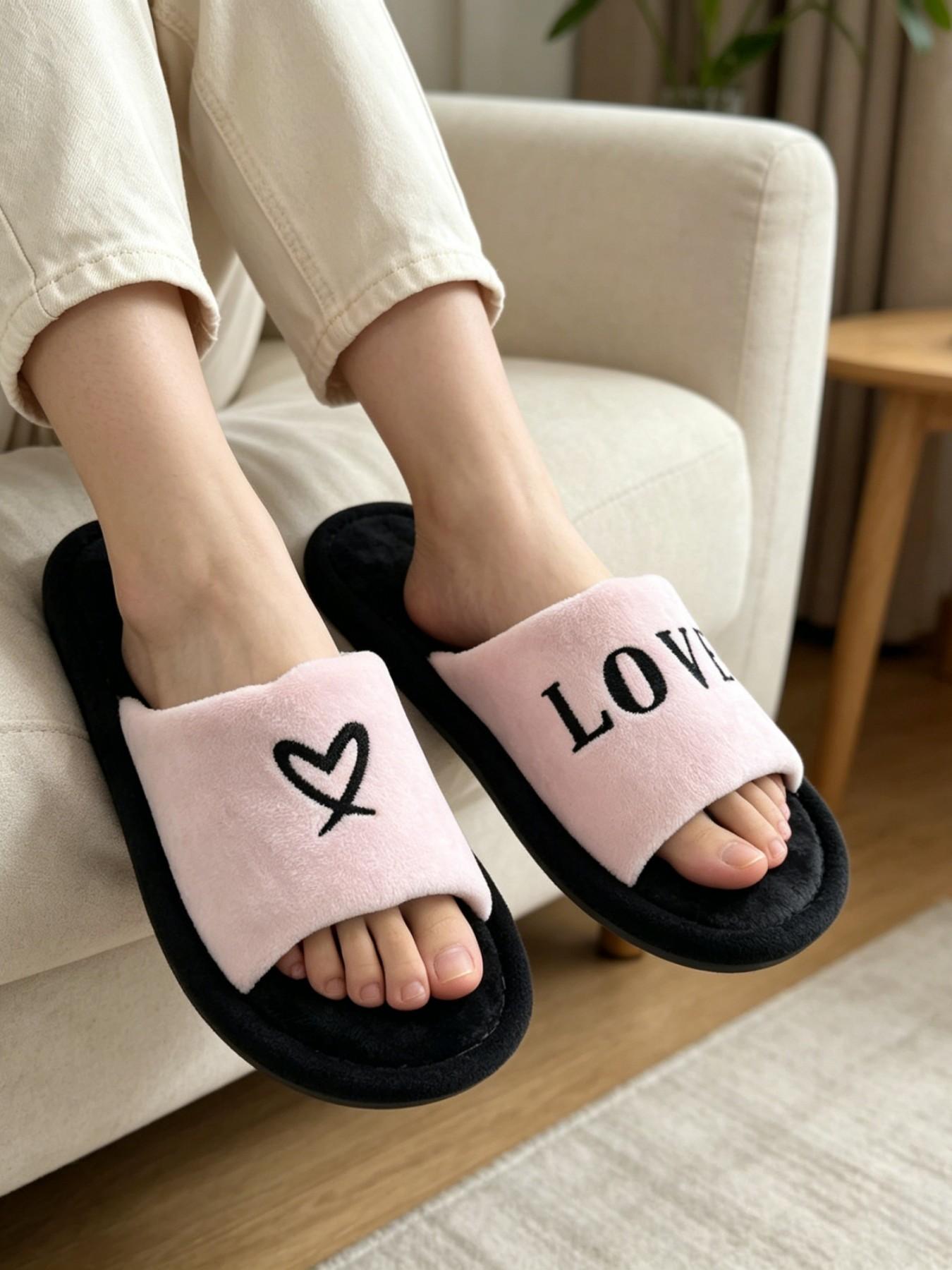 Love Heart Plush Slip-On Shoes, Soft Plush Upper, Love Letter & Heart Embroidery, Thick Anti-Slip Sole, Open-Toe Home Slippers