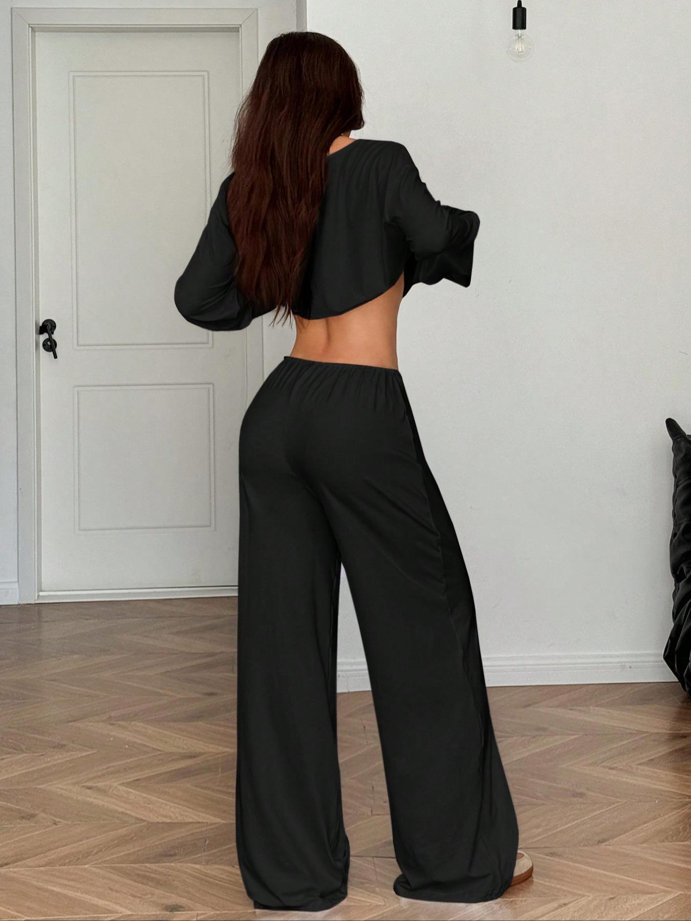 Women's Casual Long Sleeve Top & Pants Set, Plain Design, Loose-Fit Comfortable for All Seasons, Autumn Fashion Essentials