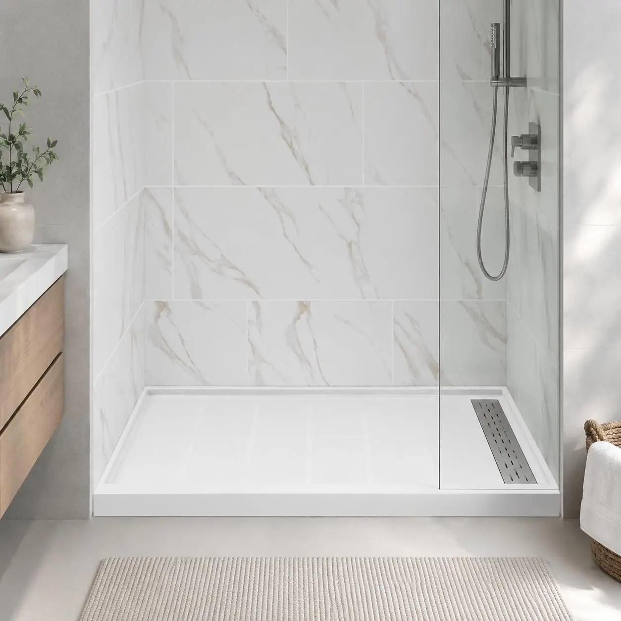 Shower Base with Right Drain and Removable Stainless Cover, Non-Slip White Shower Pan Kit, Durable Acrylic, Easy Installation, Modern Bathroom Upgrade