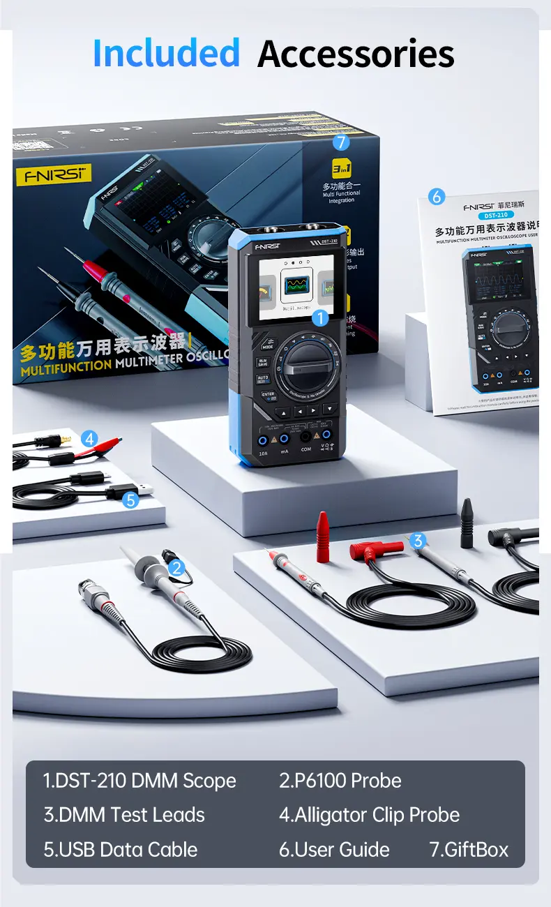 FNIRSI DST-210 Series 3-in-1 Portable Electrical Measuring Tool - Digital Smart Multimeter, 10MHz Scope, Multifunctional Oscilloscope, Signal Source, 2.8-Inch Color TFT Screen, Waveform Export, 400V Max, 19999-Count, 3000mAh, 48MSa/s for Electricians