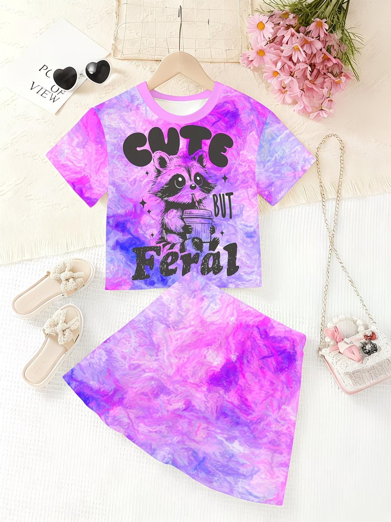 Girls' 3D Cat Print Top and Skirt Set, Summer Casual, Round Neck Short Sleeve, Slim-Fitting, All over Print, Two-Piece Suit