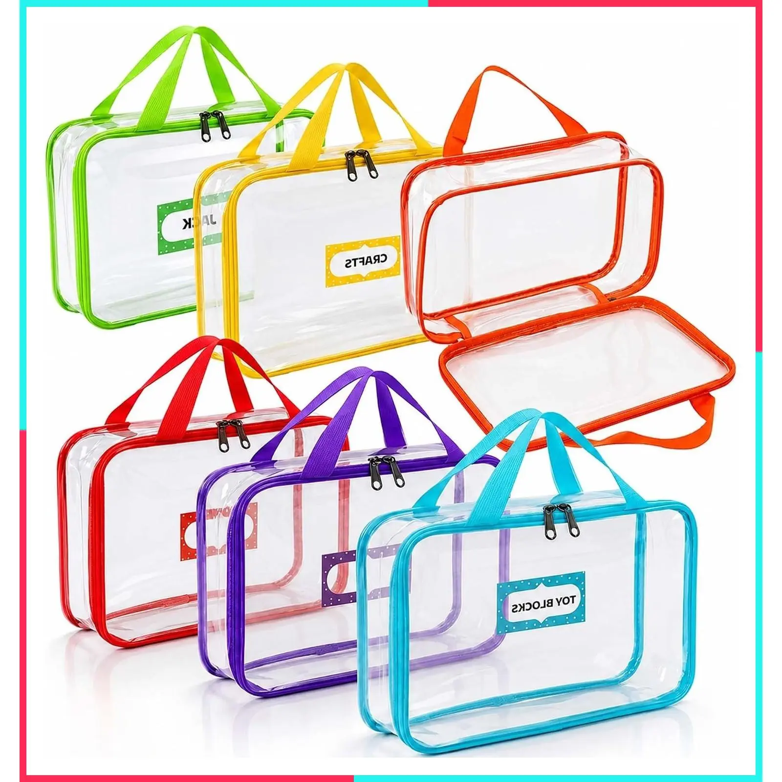 6 Pack Extra Large Clear Waterproof Toy Storage Bags with Labels, Double Zipper & Handles for Books, Puzzles, Games & Classroom Organization