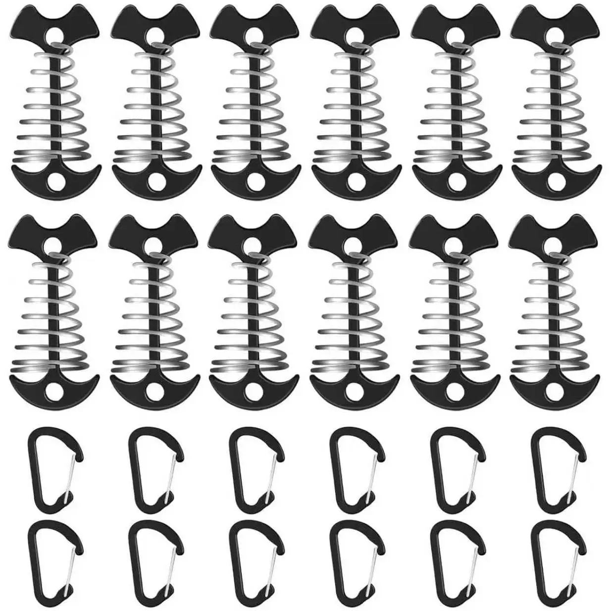 12 Pack Deck Anchors Pegs with Carabiners Aluminum Rope Tensioner Tent Tie Down Stakes Windproof Canopy Tent Anchors Outdoor Camping Accessories