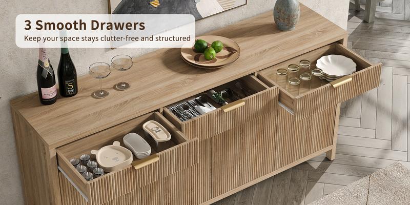 FUSOU 66" W Fluted Buffet Cabinet, Sideboard Storage Cabinet with 3 Drawers & 2 Cabinets, Mid-Century Coffee Bar Table for Living Room, Dinning Room, Natural