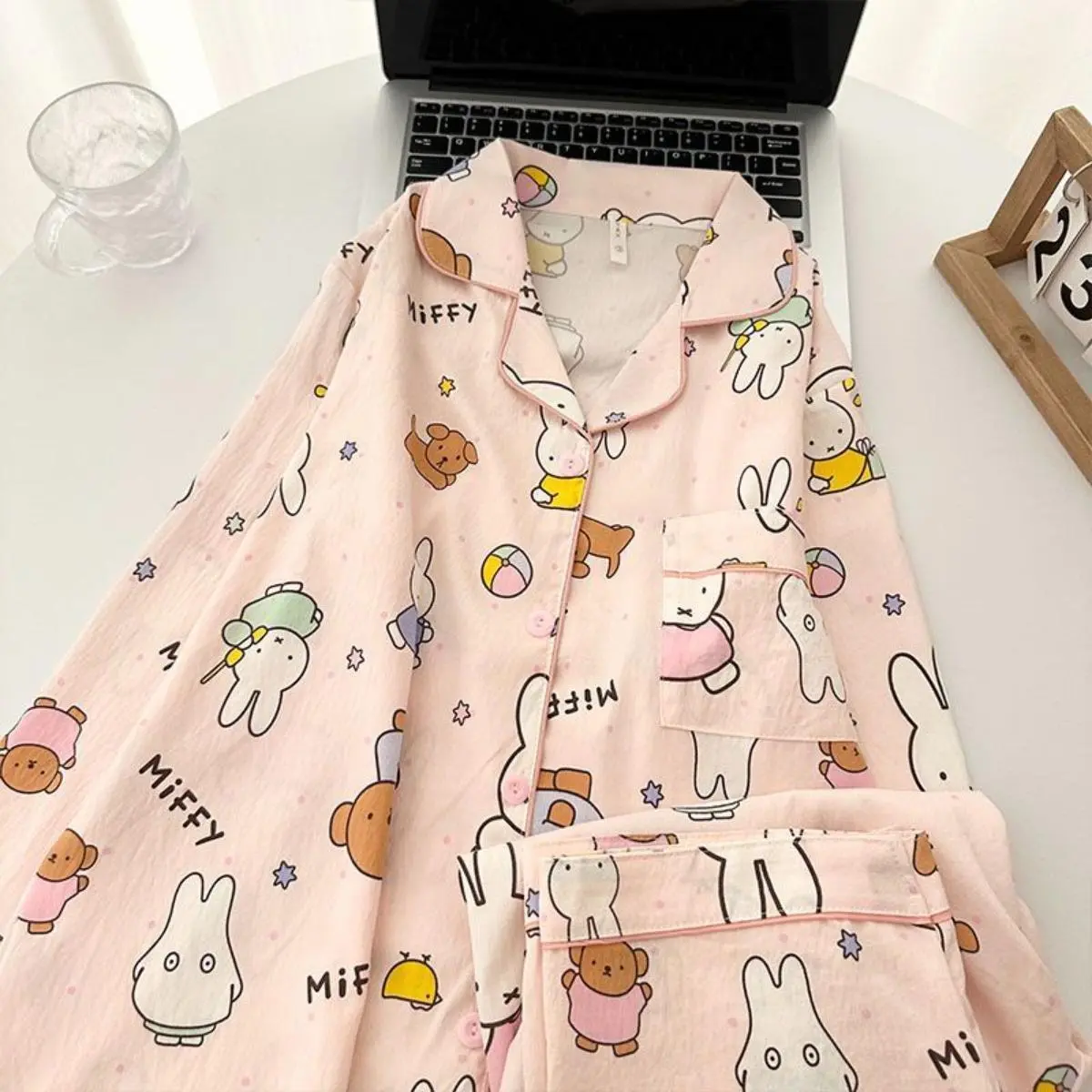 Kawaii Miffy Rabbit Pajamas for Girls Spring and Autumn Cloud Cotton Long-sleeved Pants Set Cute Cartoon Home Wear for Students
