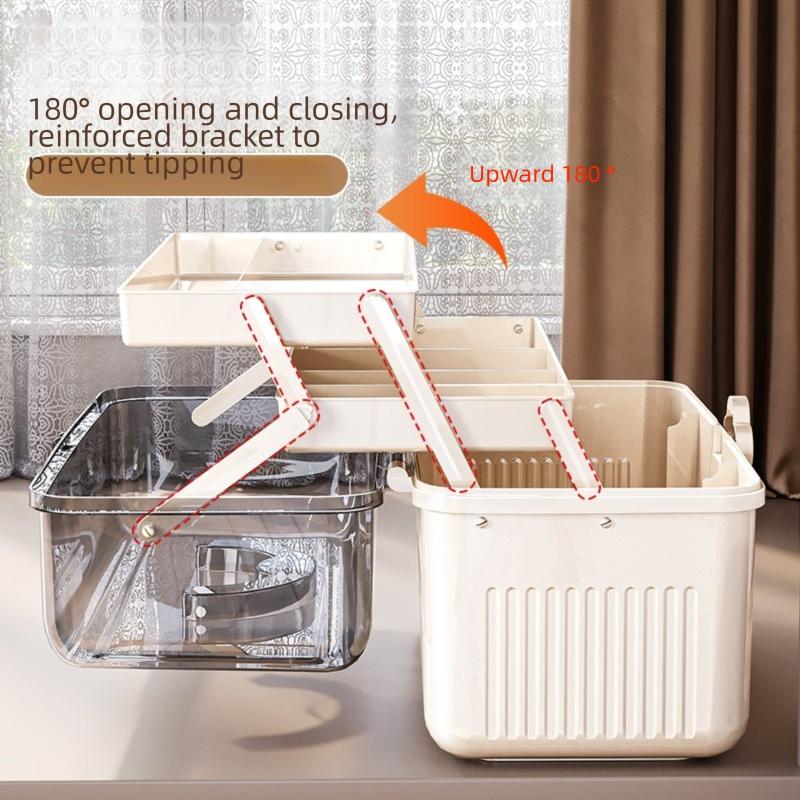 Medicine and stationery storage box, handle-equipped organizer, lockable three-layer multi-functional art supplies storage box and plastic storage container