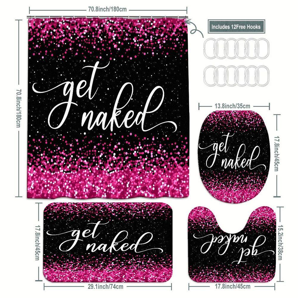 1/4pcs Pink & Black 'Get Naked' Bathroom Set, Shower Curtain with Confetti, Matching Toilet Seat Cover, 2 Bath Mats - Glamorous Playful Decor for Birthday, Party, Bridal Shower, Housewarming Gift