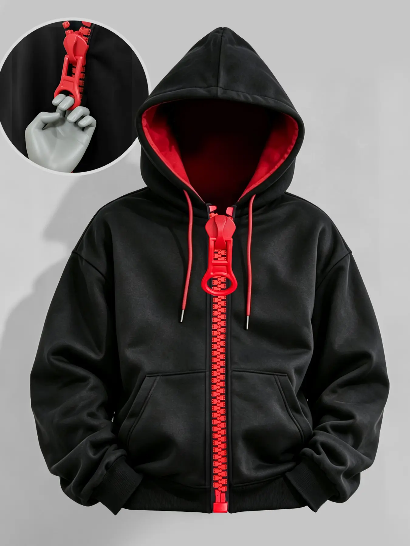 Men's Unique Design Hooded Sweatshirt, Large Zipper, Lining, Drawstring Pockets, Loose Fit, Fall Winter Open Front Jacket, Drawstring Hoodie Top