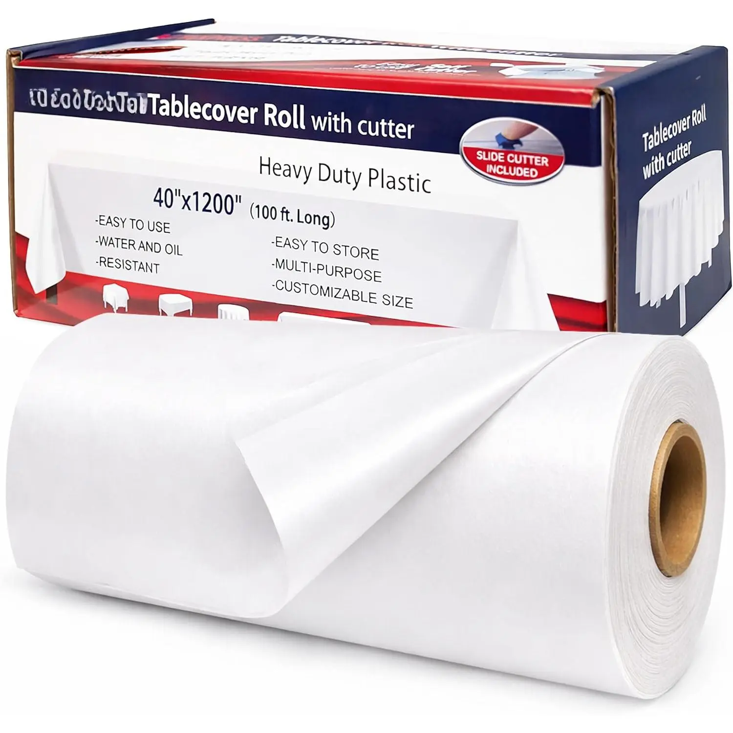 100 Ft Plastic Table Cover Roll (White) with Slide , Disposable Tablecloth Roll, Water & Oil Resistant for Banquet Tables, Parties, Picnic, Crafts