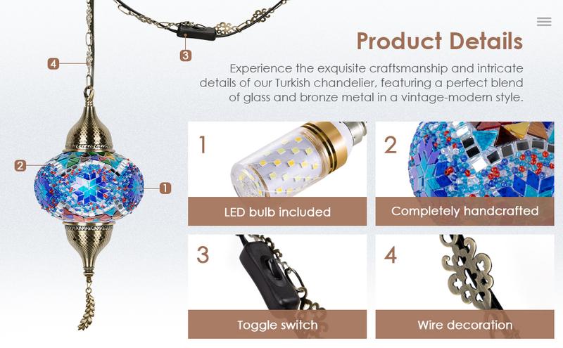 Yarra-Decor Turkish Moroccan Pendant Hanging Light with 15feet Cord Tiffany Style Mosaic Ceiling Lamp for Bedroom Blue Crystal North American Plug Decorative Lighting Home Lighting Led Lighted