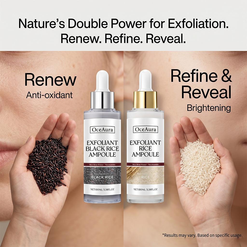 Rice Ampoule Duo 100ml x2, Black Rice & Rice Extract Exfoliating Facial Serum Set, Lightweight Hydrating Glow Ampoule with Dropper, Gentle Texture-Refining Skin Care for Smooth-Looking Radiant Skin