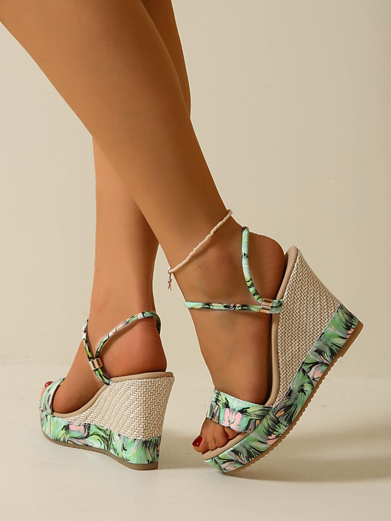 Women's Floral Print Wedge Sandals, Cross Strap Anklet, Dual Buckle, Open Toe, Boho Style, Casual/beach/dating Shoes