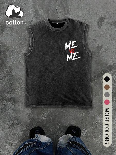 Men's Vintage Distressed "ME VS ME" Print Round Neck Tank Top, Regular Fit Casual Fashion Crew Neck Sleeveless Top for Summer, Men's Clothes for Daily Wear, Socks