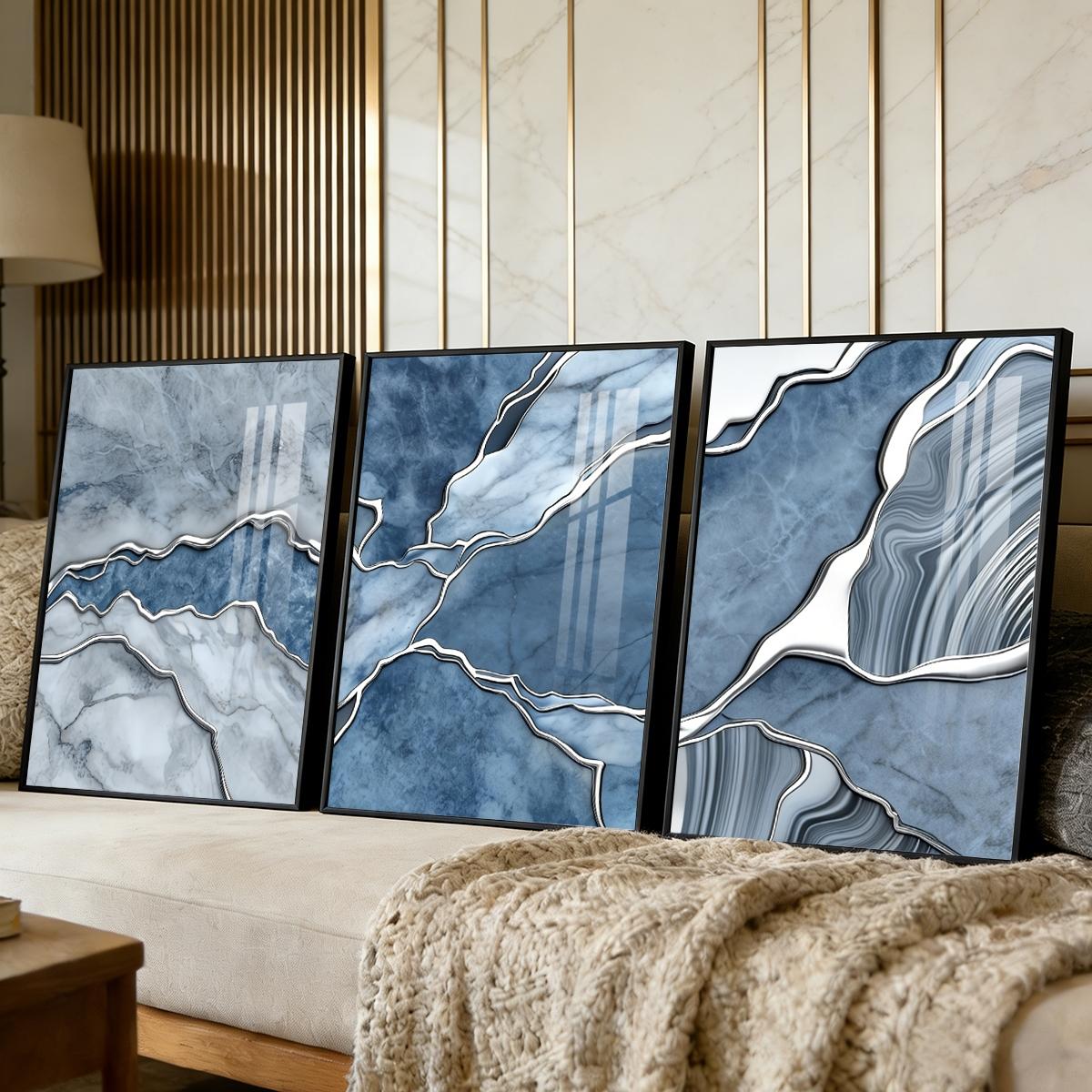 3 Counts Aluminum Alloy Framed Painting, Abstract Blue Marble Texture Art Pictures, Home Decoration For Living Room, Bedroom, Office, Restaurant, Hallway Wall Decor, Odorless Print Artwork, Luxury Perfect Gift For Friends And Family