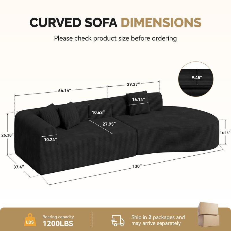 【Shipped in Two Packages】Modern Style Curved Sofa, Upholstery Corduroy Sofa Couch with 3 Pillows, Oversized Sleek Curved Sectional Boucle Fabric Couch for Living Room White