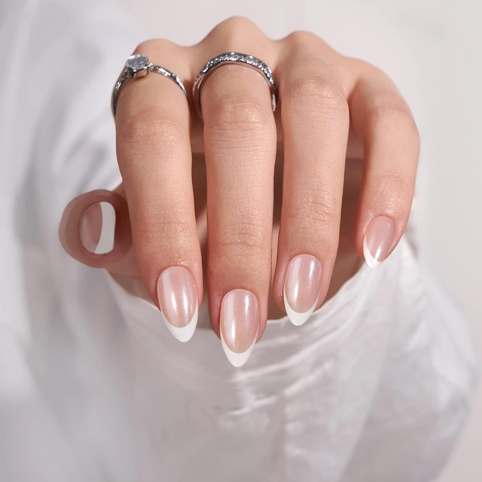 Press On Nails, Classic, Short Almond, White French Tip, Lamp-Curable 4-Week Wear, Salon-Quality Natural Nails, 10-Minute Easy Daily Application, 16 Sizes, All-in-One Complete Kit