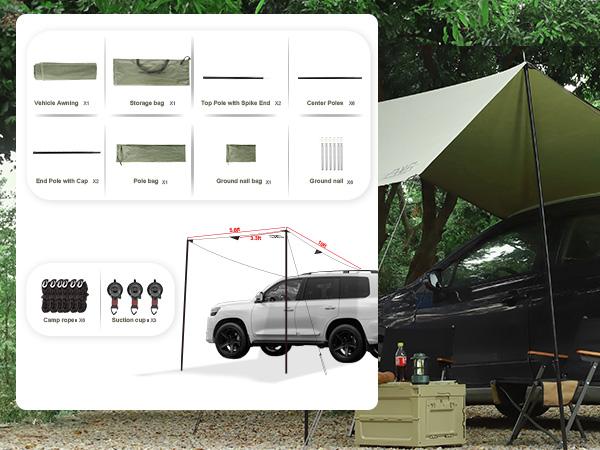 FEIWOOD GEAR Car Awning for SUV, 10 x 5.6 FT Van Truck Awning for Camping, Needn't Roof Rack Hardwares Waterproof UV50+