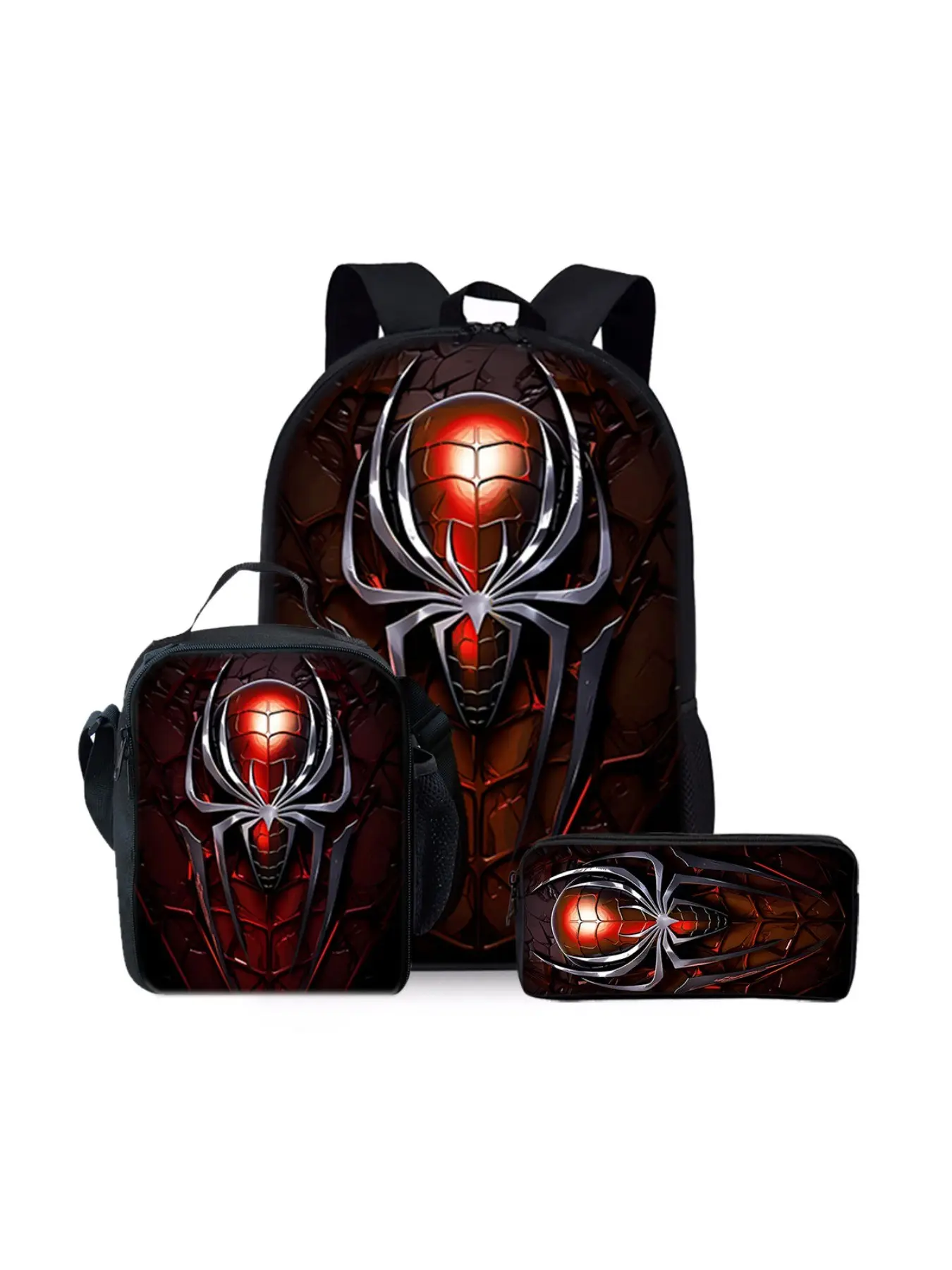 Spider pattern printed 17-inch backpack three-piece set (single-layer backpack + shoulder strap lunch bag + single-layer pencil case) Cute Backpacks School Backpack Combo
