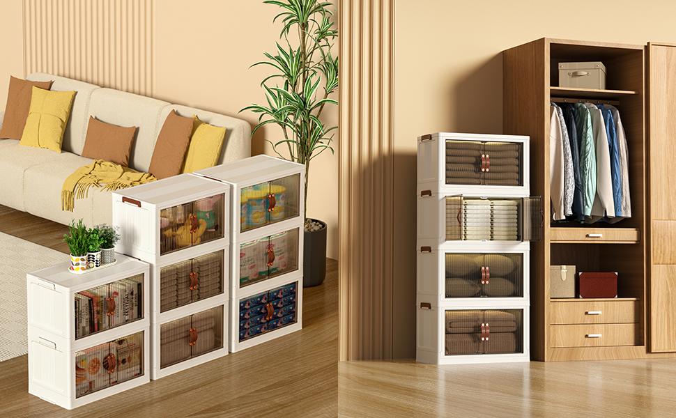 NLDD Stackable Storage Bins with Lid, Foldable Multifunctional Organizer, Folding Storage Box with Doors, Plastic Collapsible Storage Containers Open Front, Used in Living Room,Bedroom,Bathroom