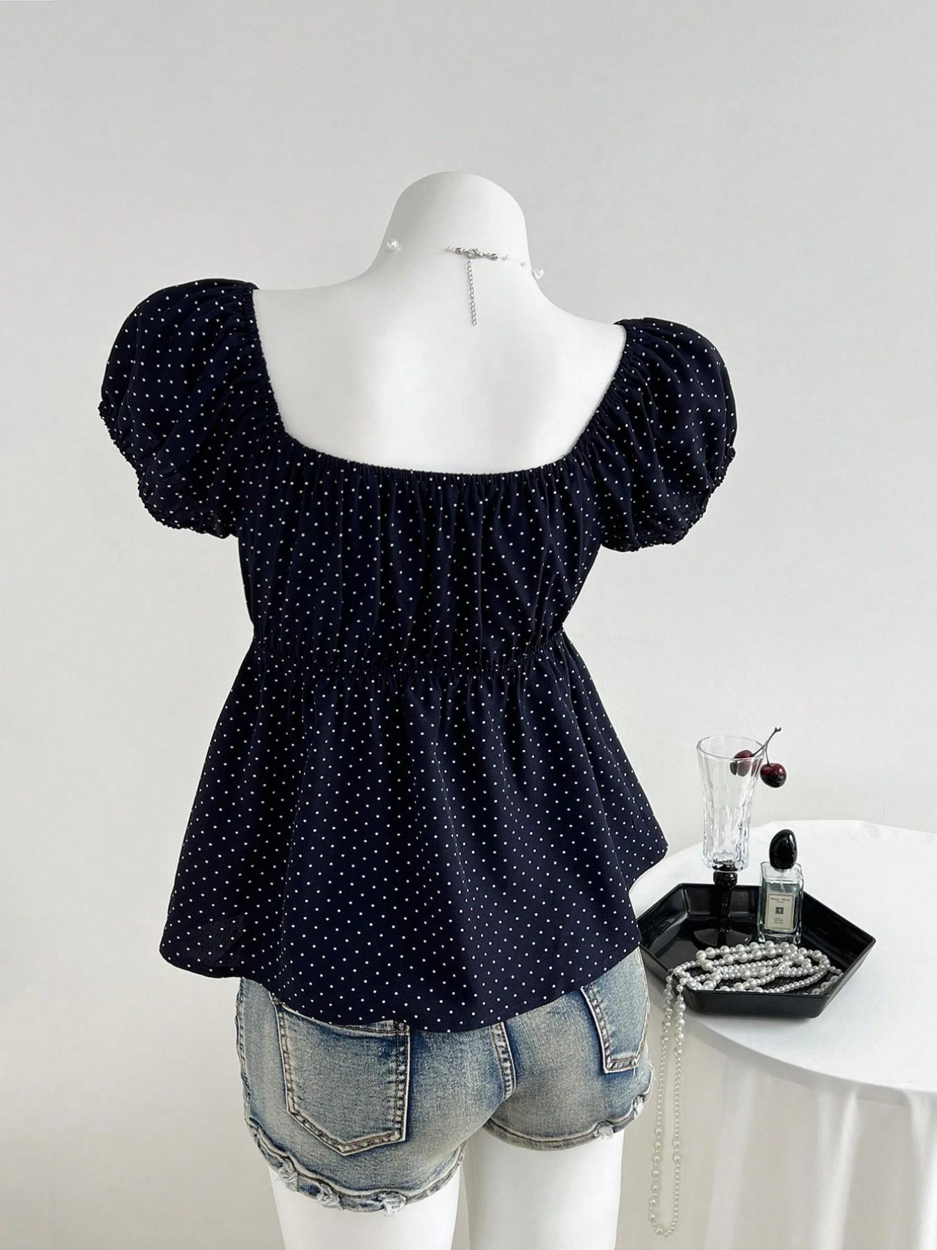 Women's Polka Dot Short Sleeve Top, Vintage Square Neck Bubble Sleeve Slim Fit T-Shirt, Soft Breathable Fabric, Casual Daily Wear Spring