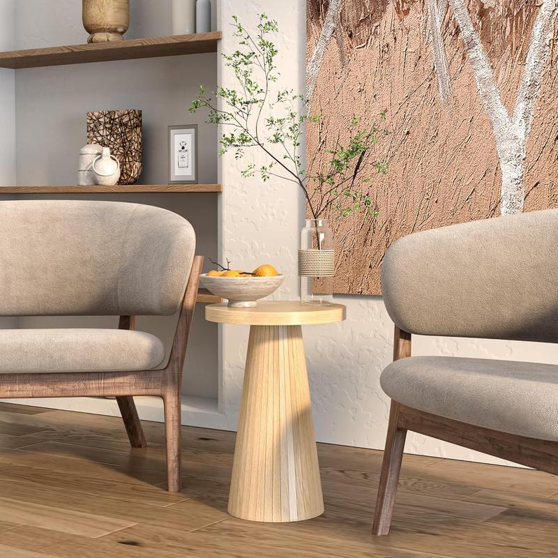 Round Fluted Accent End Table, Drink Small for Living Room, Mid Century Modern Night Stand, Circle Bedside Table, Wood Nightstands for Bedroom