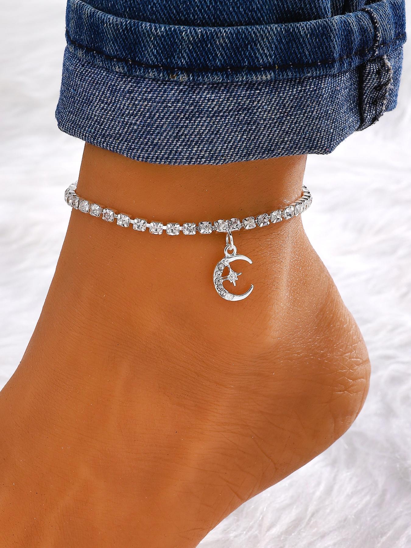 Rhinestone Star & Moon Charm Anklet, Fashionable Jewelry for Women & Girls for Party, Daily Clothing Decor, Trendy All-match & Exquisite Jewelry for Birthday Gift, Elegant Fashion Accessories