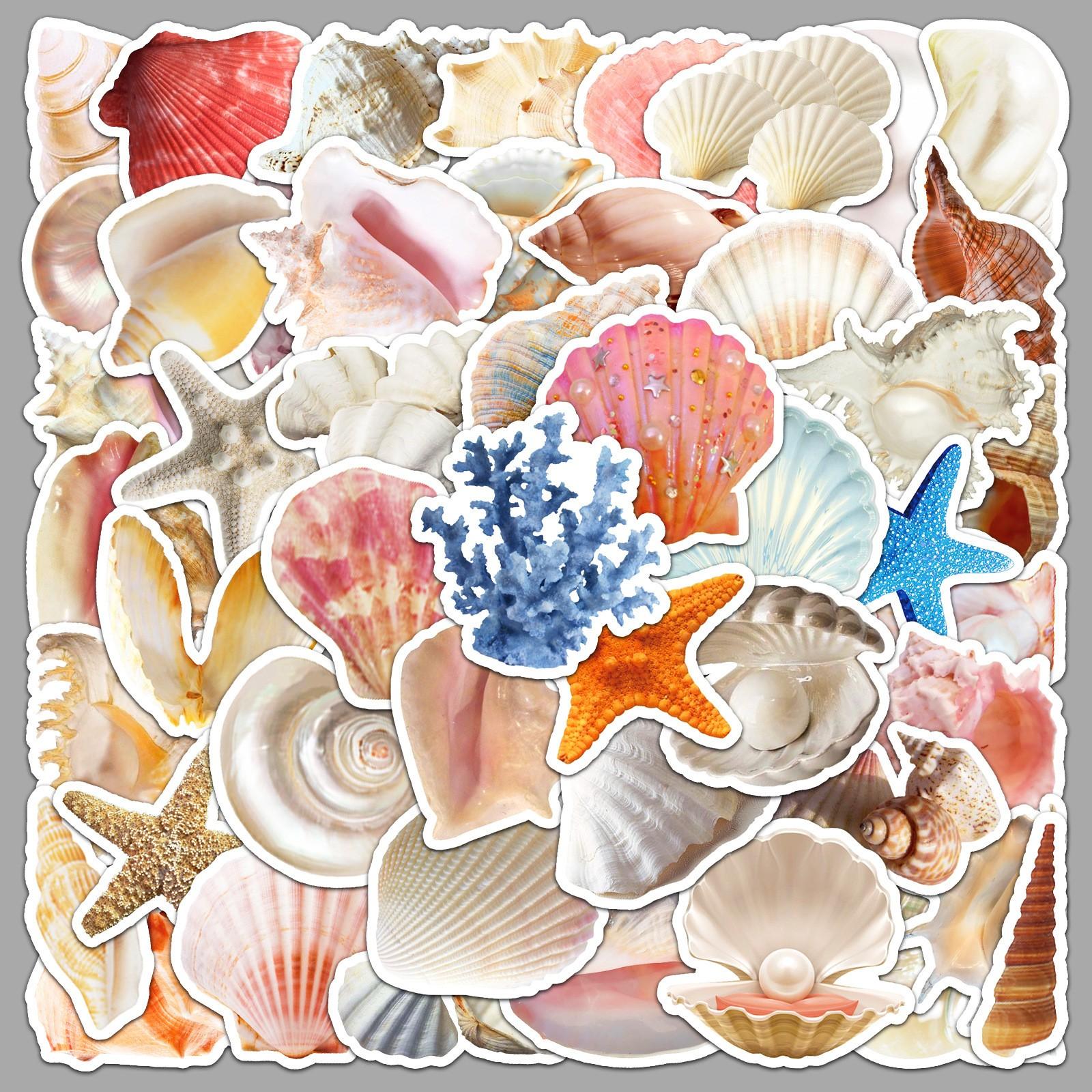 50pcs Cute Seashell Stickers, Waterproof Vinyl Decals, Cartoon Starfish Conch Pearl Stickers, DIY Scrapbook Journal Stickers Pack