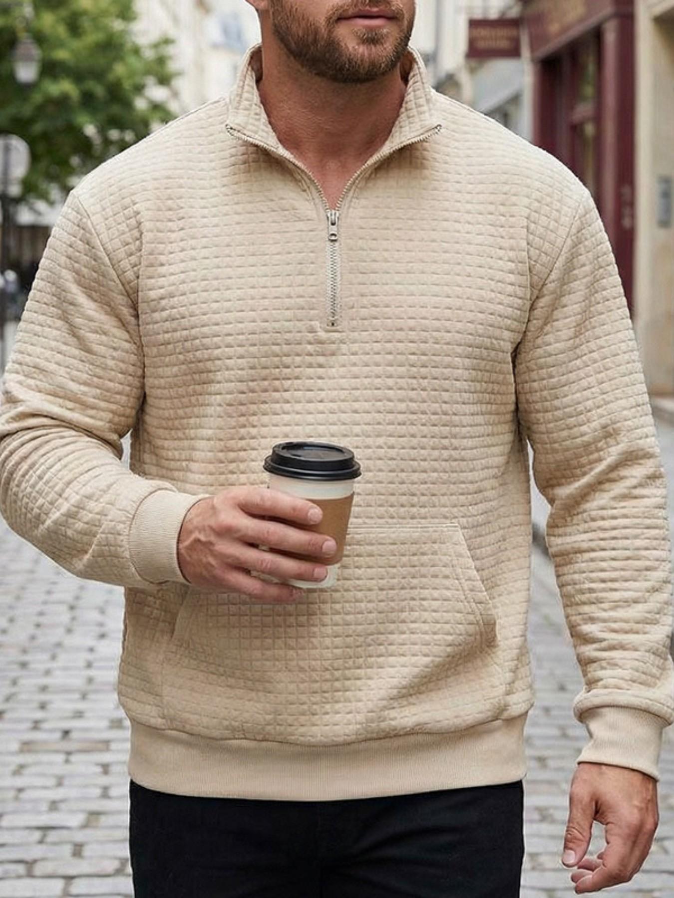 Men's Quilted Quarter Zip Sweatshirt, Waffle Grid Texture Pullover with Stand Collar & Kangaroo Pocket, Casual Loose Fit Top for Streetwear, Daily Wear and Fall Winter