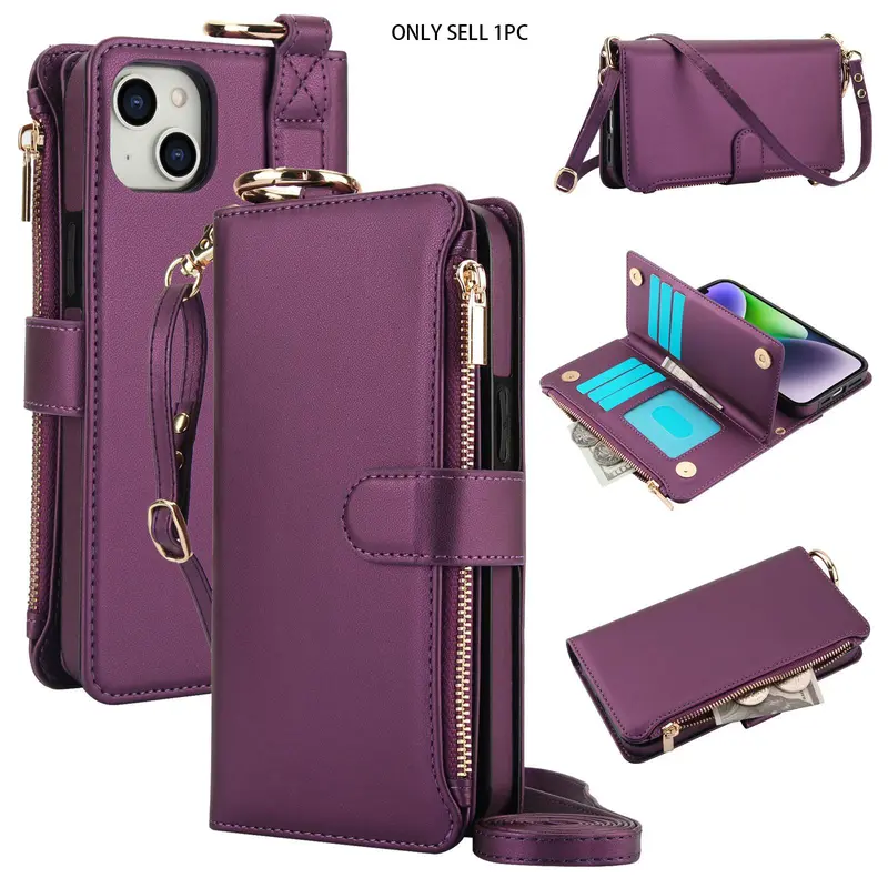 Crossbody Cardholder Multifunction Wallet Flip Zipper With Lanyard Compatible with iPhone 18Pro Max 17Air 16 15 Pro Max 14Plus 13Pro 12Pro 11Pro Max Multi-Card Holder Case Cover