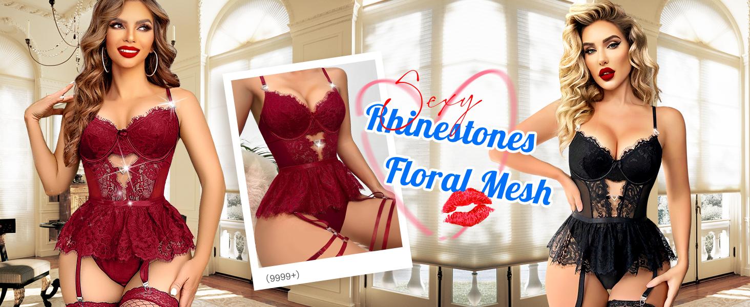 Sexy Stocking Rhinestones Heart Garter Underwire Floral Mesh lace Sheer Babydoll Lingerie Teddy Bodysuit Skirt Set