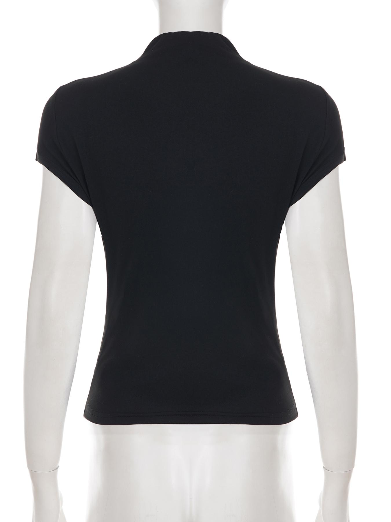 Women's Stand-Collar Solid Color Top, Short-Sleeve T-Shirt with Single-Button Hollow-Out Slim-Fit Design, Summer Casual Chic Top, Womenswear