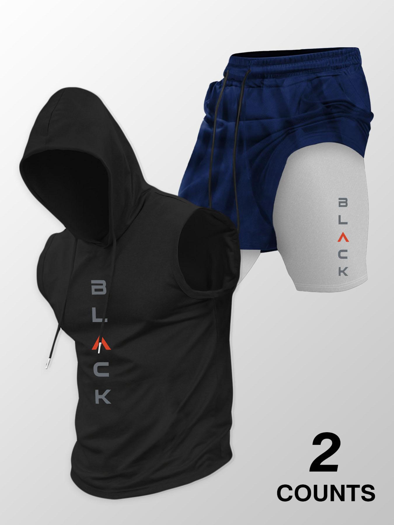 Two-Piece Set Men's Hooded Graphic Tank Top & Shorts Set, Regular Fit Casual Sleeveless Top & Shorts, Men's Clothing Set for Summer