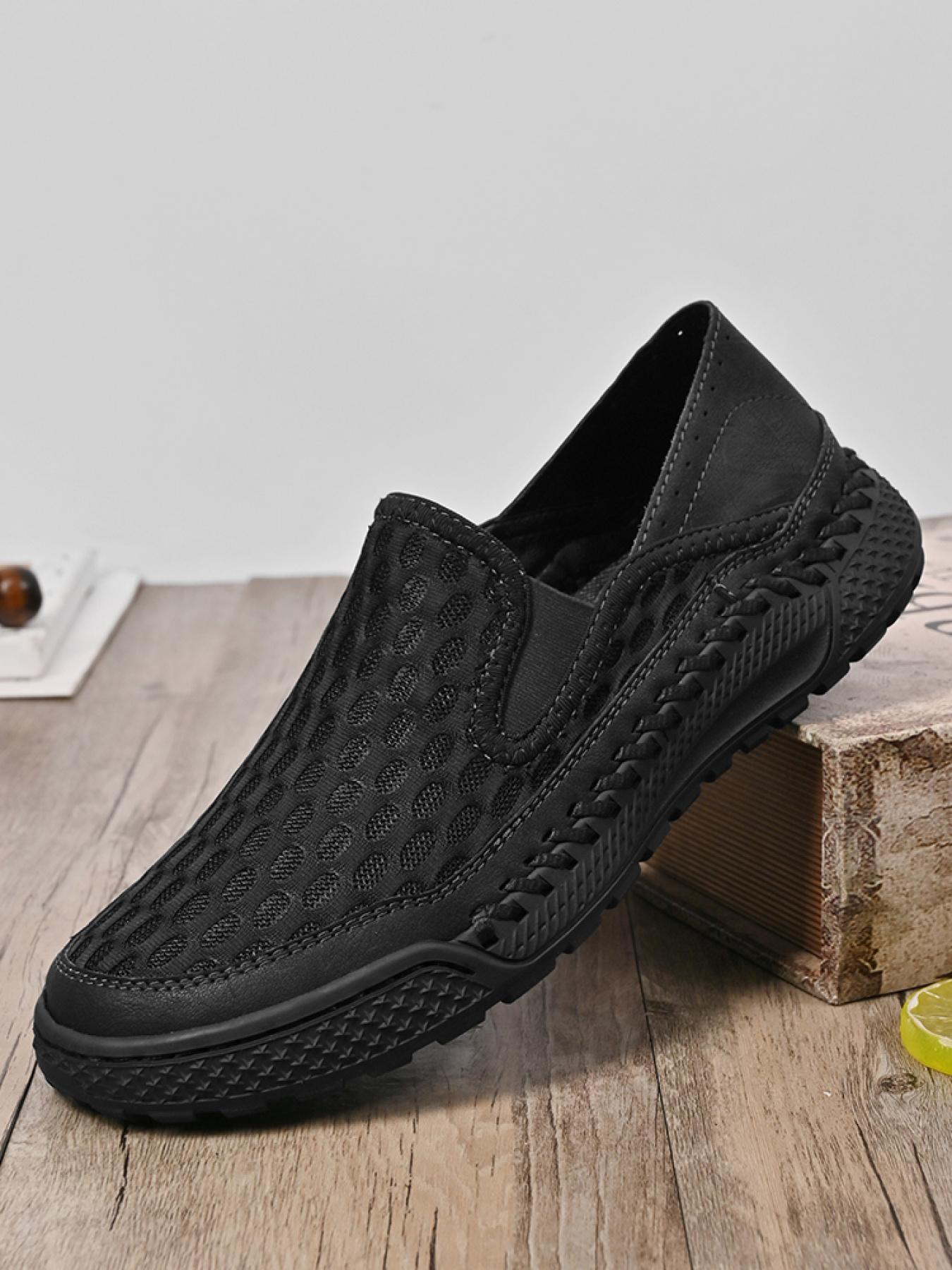 Men's Solid Color Mesh Breathable Slip-On Loafers, Soft Sole Anti-Slip Hand-Stitched Walking Shoes, Lightweight Casual Dad Shoes