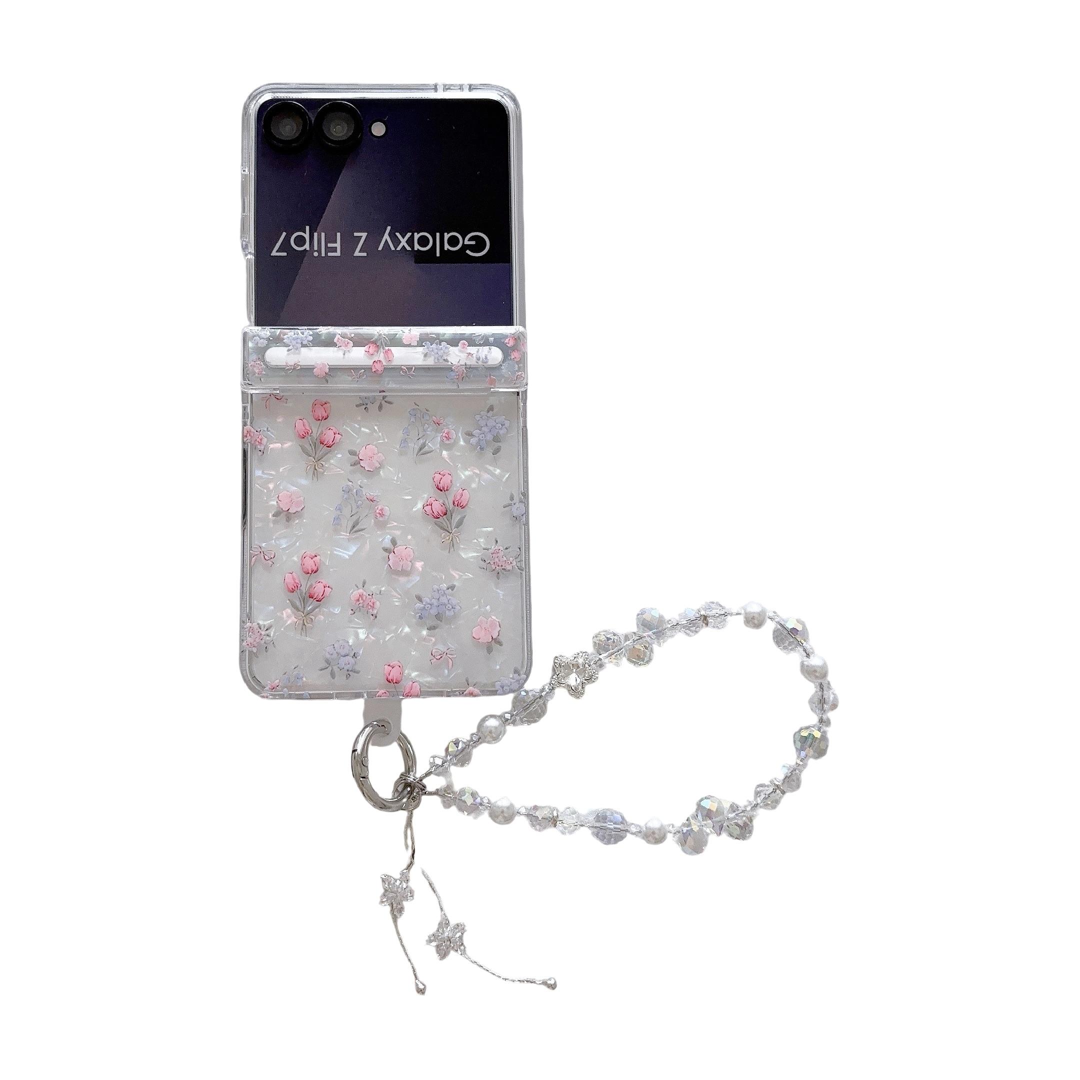 Fresh Floral & Magnetic Snap Shell Pattern Phone Case with optional wrist strap for easy carrying. for Samsung Galaxy Z Flip 5/6/7FE/7. Features a refreshing style, fashionable protection, and unique design perfect for daily use. Protective outer shell.