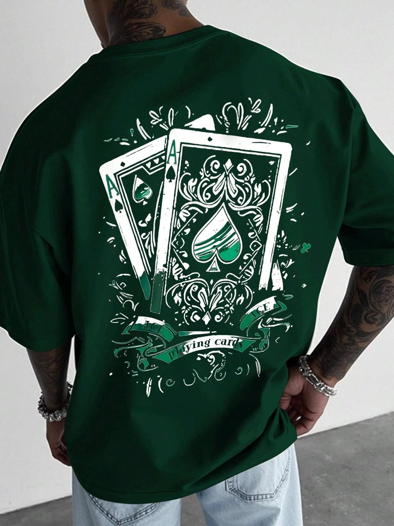 Men's Casual Short-Sleeve T-Shirt, Long Vintage Street Style Ace of Spades Playing Card Print, Loose and Versatile Top, Suitable for Hip-Hop Fashion, Streetwear and Daily Wear