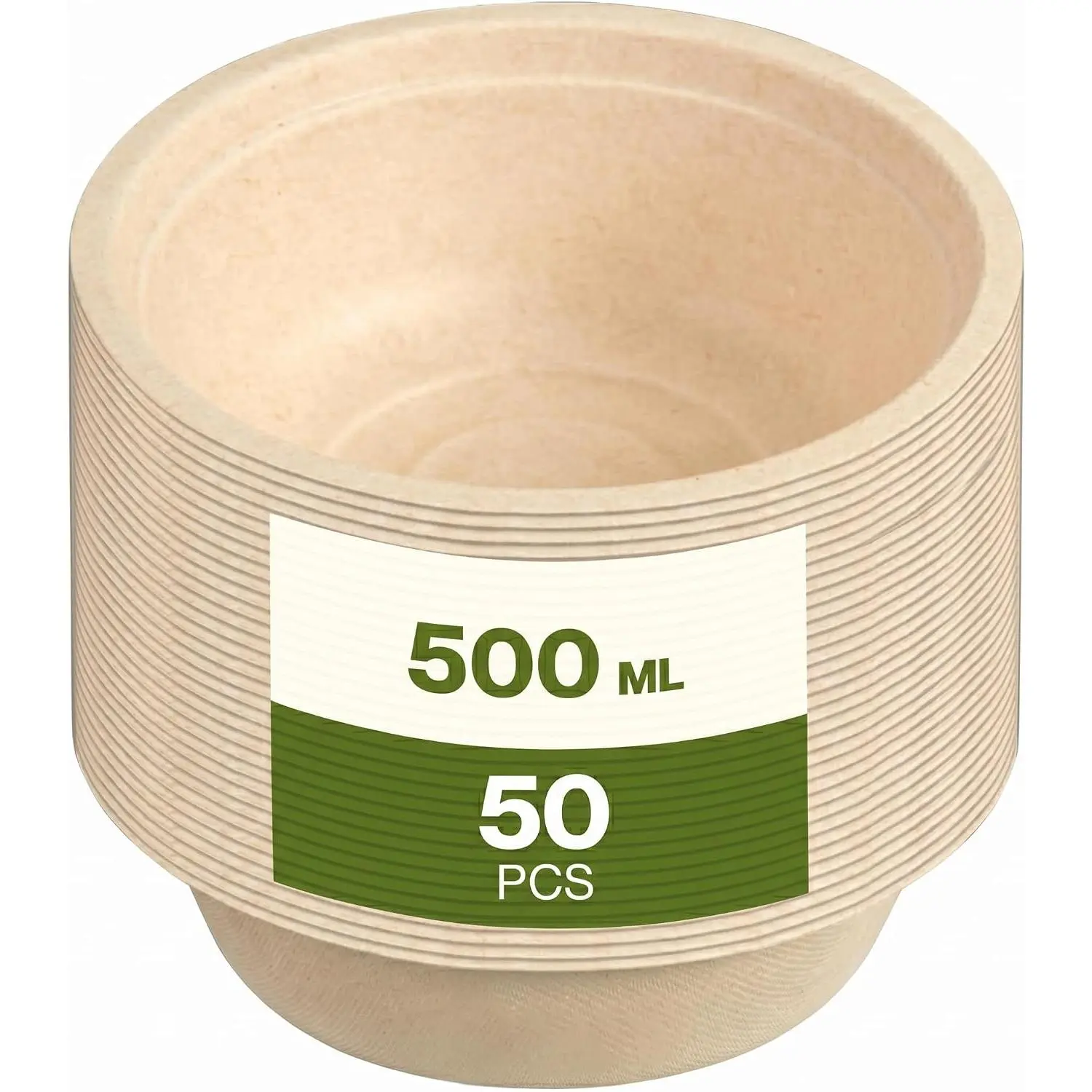 Compostable Bowls, 500ml, Sugarcane Fiber, 17oz, Heavy Duty, 50 Count