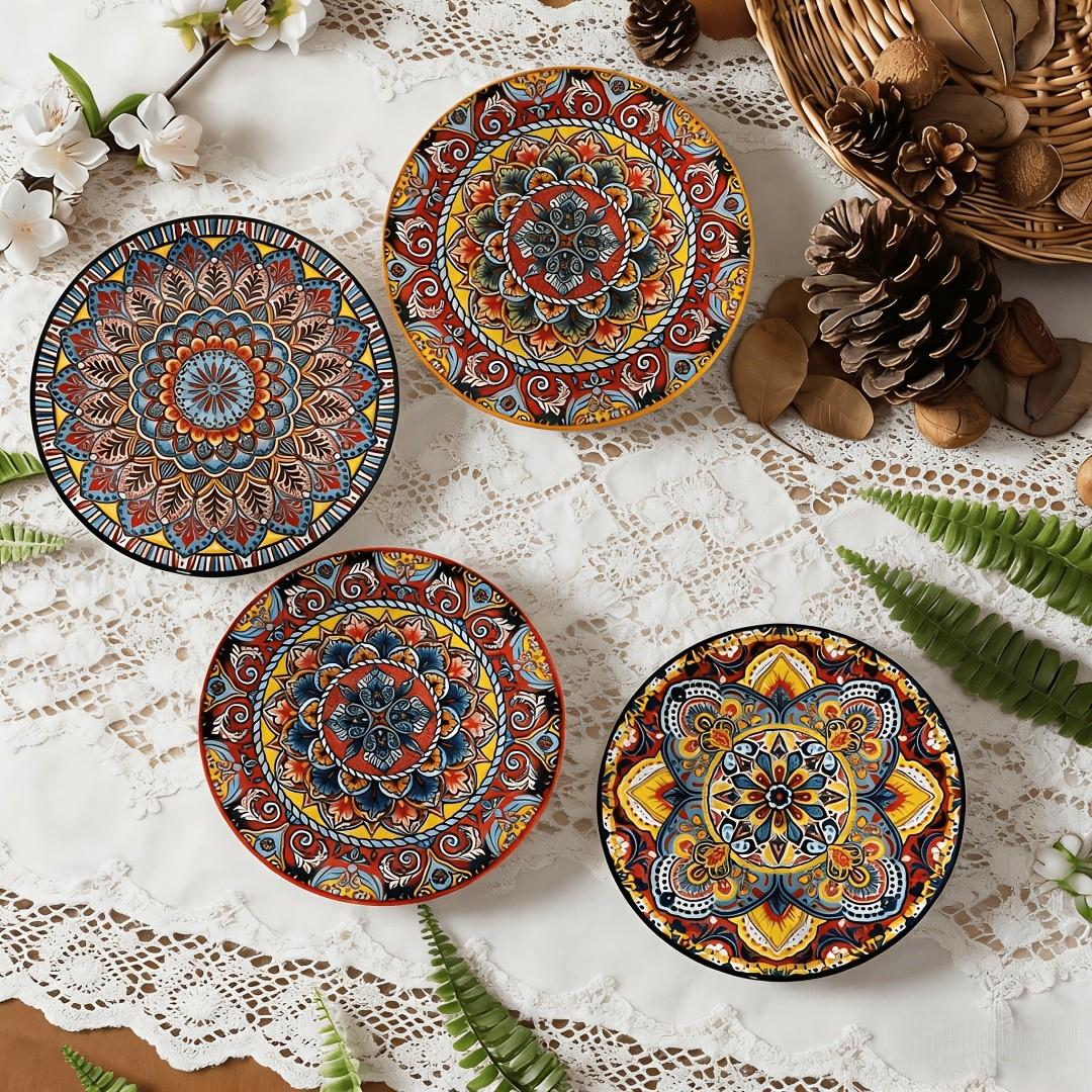 2-Piece 8.07-Inch Ceramic Plate Set, Boho Style Kitchen Diningware, Creative Home Tableware, Fruit Bowl, Steak Plate, Shallow Round Plates