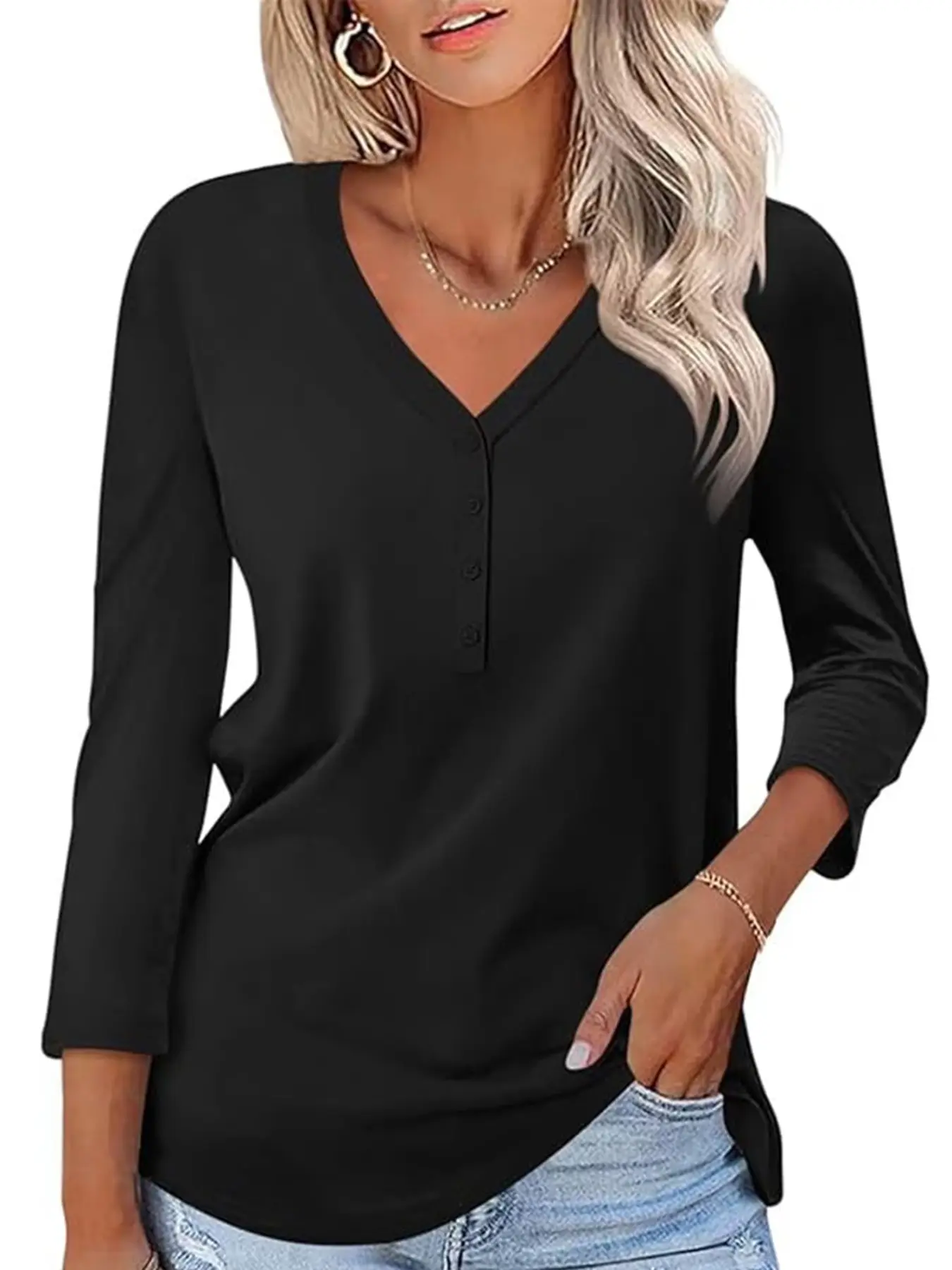 Women's Button V Neck 3/4 Sleeve T-Shirt, Casual Fall Top, Solid Color Basic, Cute, Comfortable and Stylish