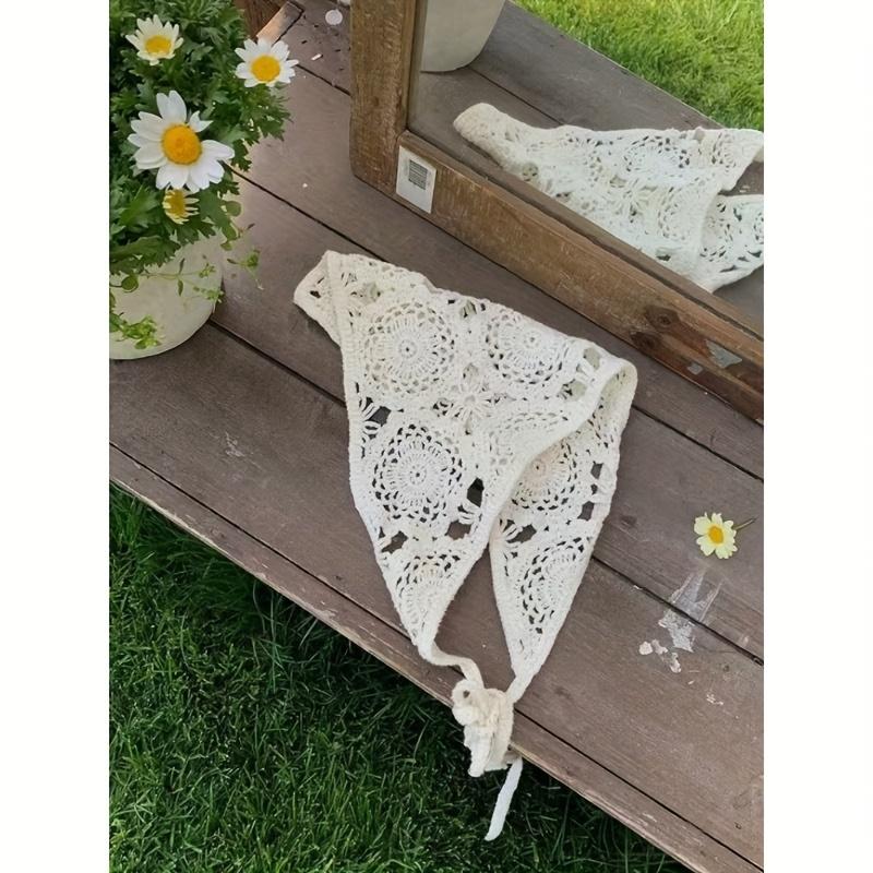 Unisex Handmade Knitted Triangle Scarf Hair Accessory - Sweet Hippie Boho Vintage Openwork Headband, Spring-Summer Fashion Accessory, Thanksgiving Gift