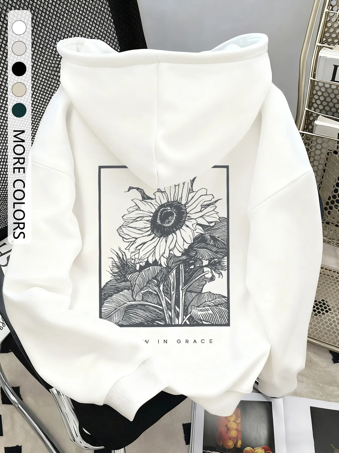 Women's Sunflower Print Hoodie, Casual Loose-Fit Drawstring Pocket Sweatshirt, Fall Winter Fashion, Daily Wear, Ladies Home Clothes