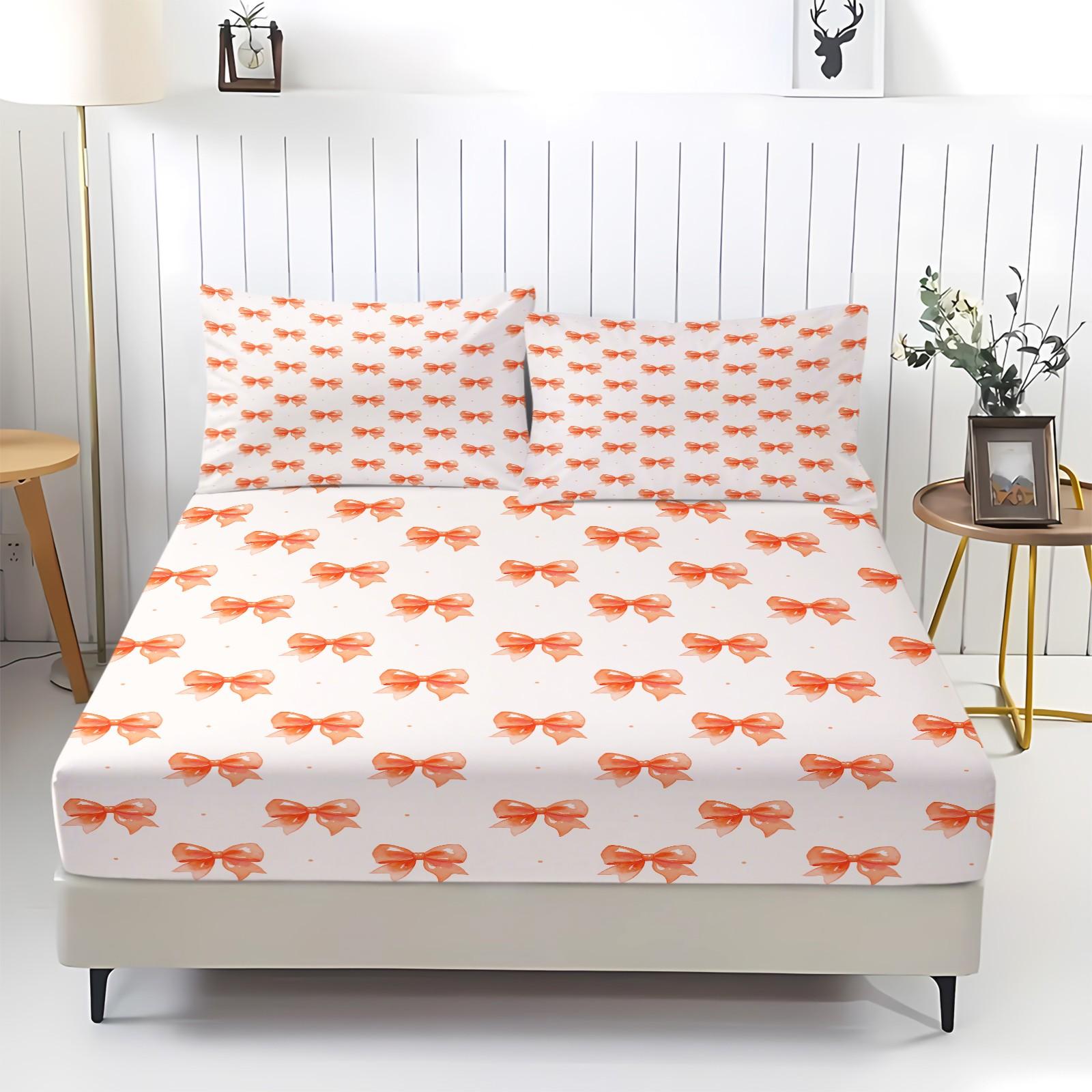 3PCS Cute Romantic Sweet Bow Fitted Sheet Set, Soft Cozy Aesthetic Bedding with Elastic All Around for Mattress, Housewarming Birthday Valentine's Day Christmas Gift for Her