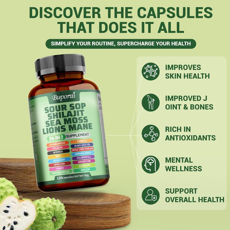 Buporai-Soursop Blend Dietary Supplement Capsules, containing soursop blend, vitamin C, supports skin health, relieves stress, supports joint and bone health