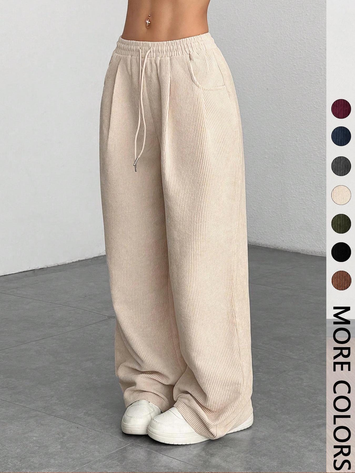 Women's Vintage Loose-Fitting Solid Corduroy Drawstring Pants, Casual All-Season Straight Leg Trousers for Autumn & Winter Valentine's Day
