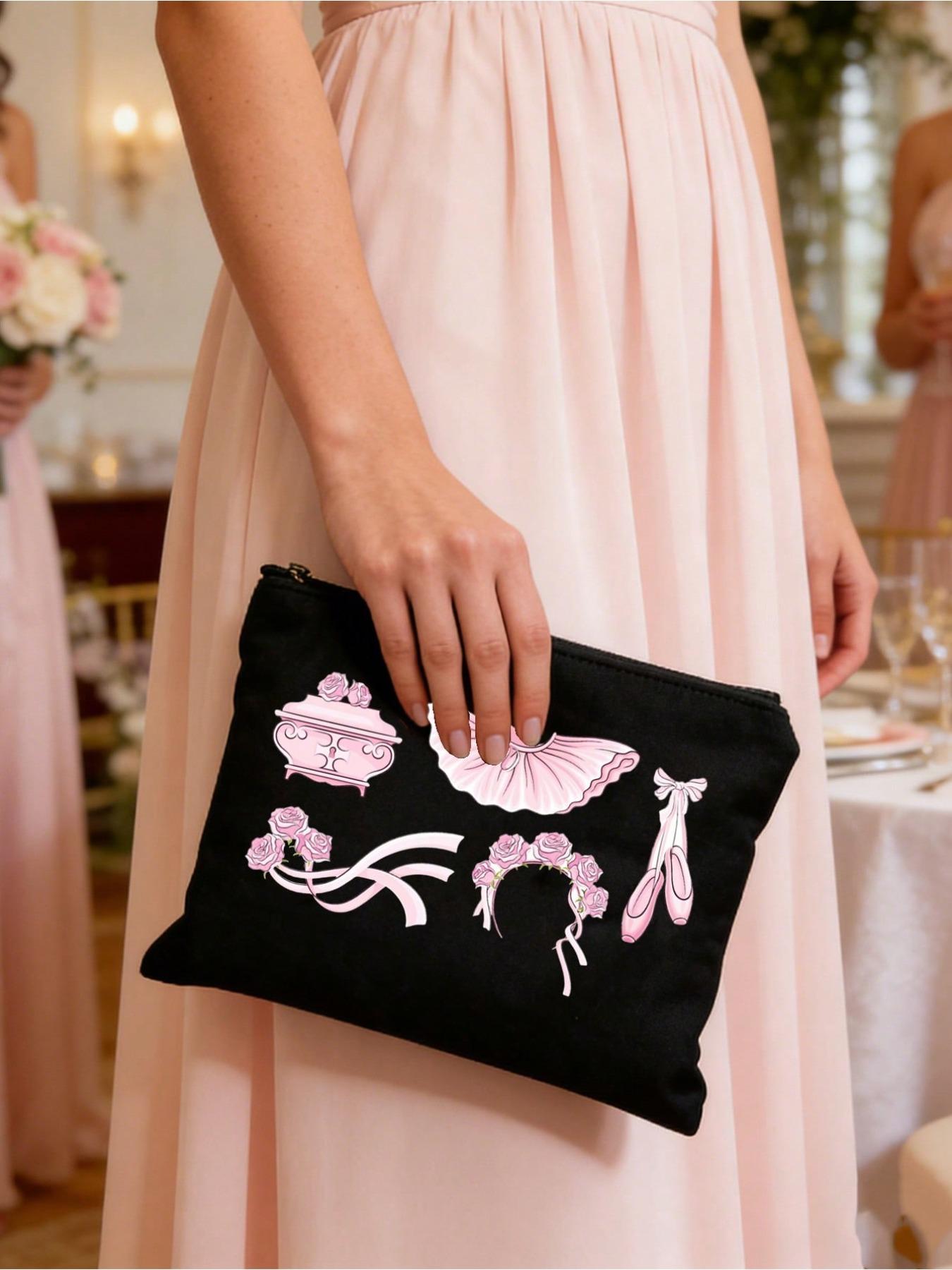 Ballet Pattern Women's Black Makeup Storage Bag, Handbag, Zippered Canvas Bag, Cute Retro Ballet Skirt, Dance Shoes, Rose Element, Bow Element, Vacation Bag, Large Capacity Storage Bag,