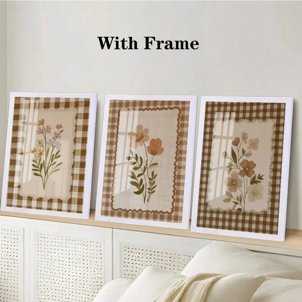 3 Pieces Optional Wooden Frame Nostalgic Wall Poster Classic Rustic Wildflower Art Print Brown Plaid Floral Canvas Painting Art Bedroom Hallway Decor Corridor Entryway Wall Embellishment Physical Photo Frame Adaptable Poster