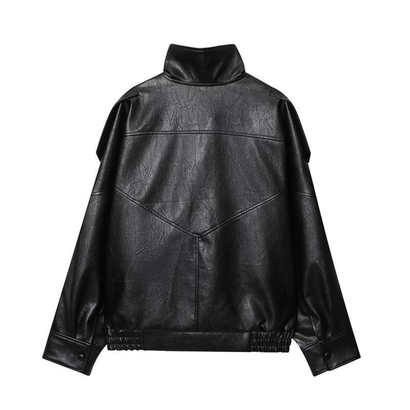 Women's Stand Collar Faux Leather Jacket, Streetwear Casual Long Sleeve Outerwear for Spring & Fall & Winter, Ladies' Waterproof & Windproof Clothes for Daily Wear, Oversized Jacket for Women