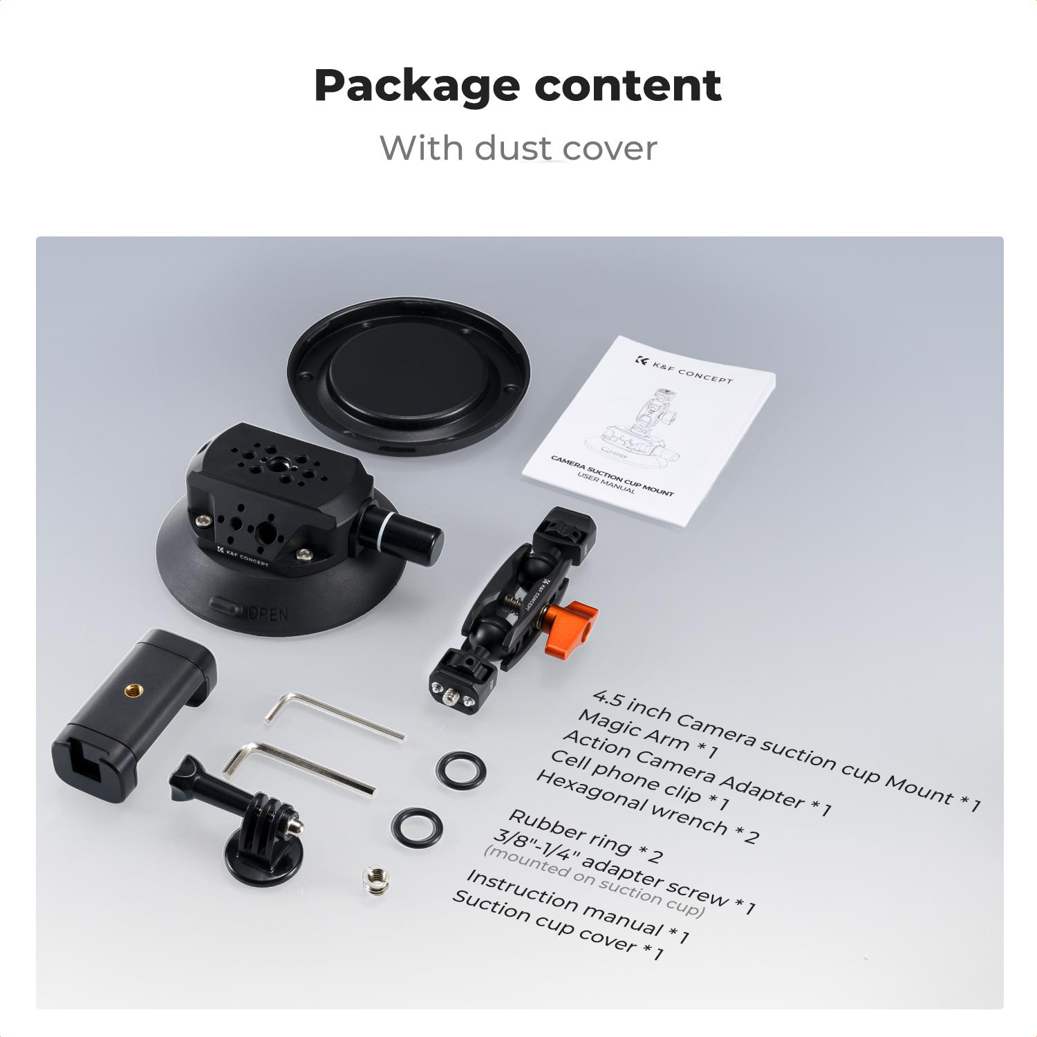 【K&F CONCEPT】4.5" Suction Cup Camera Mount with Magic Arm, ARRI Style 1/4" 3/8" Threads, Quick Release Car Mount Compatible with Gopro DJI Insta360 for DSLR Action Camera Phone Video Shooting