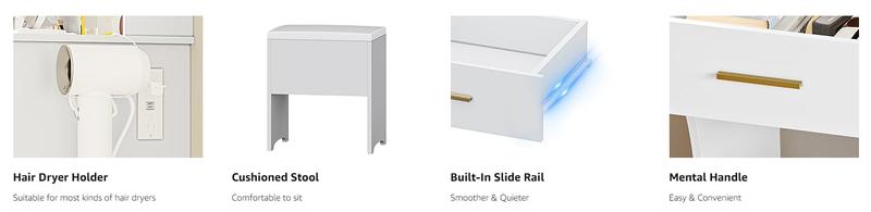 Led Light Makeup Vanity Desk with Lighted Mirror & Power Outlet,  Makeup Vanity Table Set with Storage Drawers & Chair, 3 Lighting Color Adjustable